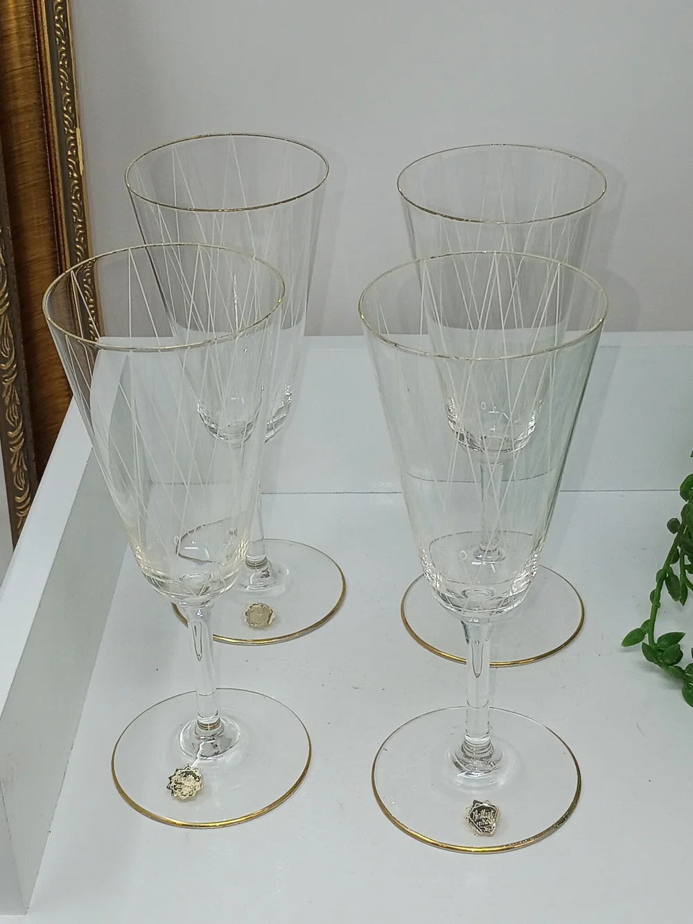 Set of 4 Gold-Trim Etched Crystal Wine Glasses